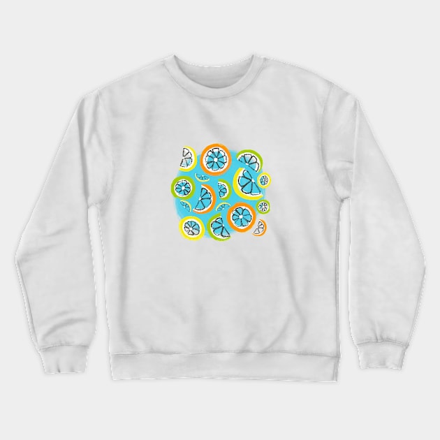 Refreshing orange, lemon, and lime slices on a sky blue painted circle Crewneck Sweatshirt by HeartLiftingArt